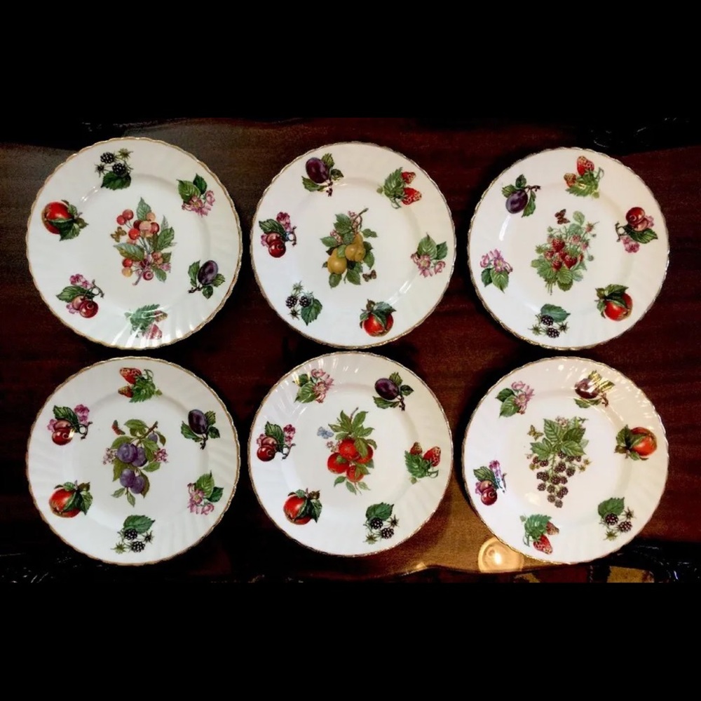 Set of Six 6 Dessert Plates Crownford, English Bone China Features Various Fruit